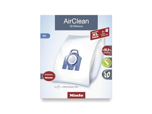 Miele Original Allergy Pack for Miele Complete C2/C3, Classic C1, and S8/S5 Models, Includes 8 AirClean 3D Efficiency GN Vacuum Cleaner Bags and 1 SF-HA 50 HEPA AirClean Filter – 11214190
