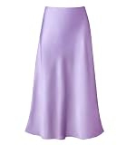 Modegal Women's Satin High Waist Hidden Elasticized Waistband Flared Casual A Line Midi Skirt (Lilac, Small)