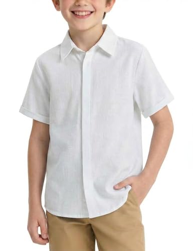 Arshiner Jungen Kurzarmhemd - Verdeckten Button-Down Shirt in Regular Fit, Bequem, Atmungsaktiv, Leicht für Sommer, Festliche, Freizeit und Schule 9-10 Jahre 140 Weiß