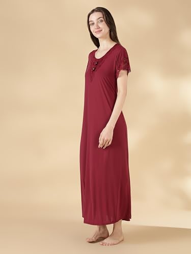 Image of 9shines Label Stylish Soft Modal Maxi Nighty | Honeymoon Nighty | Full Length Trendy Nightgown | V-Neck Lace | Premium Nightdress | Soft Long Nightdress | Maxi Gown Nightwear for Women (Malai Satin)