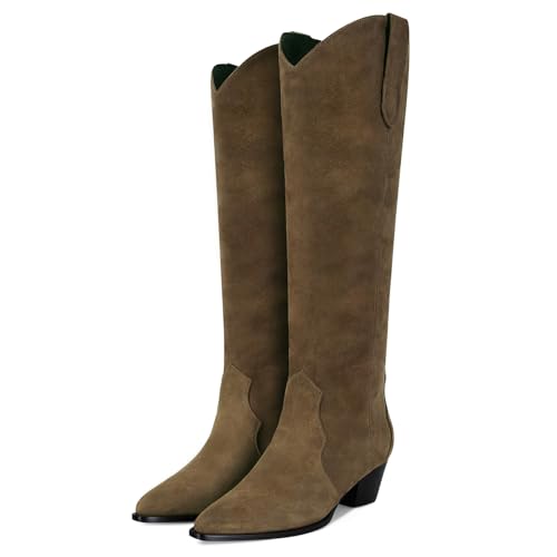 XBKXMK Suede Cowboy Boots for Women Pointed Toe Cowgirl Knee