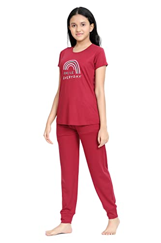 Image of Kids Night Suit for Girls - Cotton Set of Pyjama & T-Shirt Sleepwear - Lightweight & Comfortable Night Wear for Kids