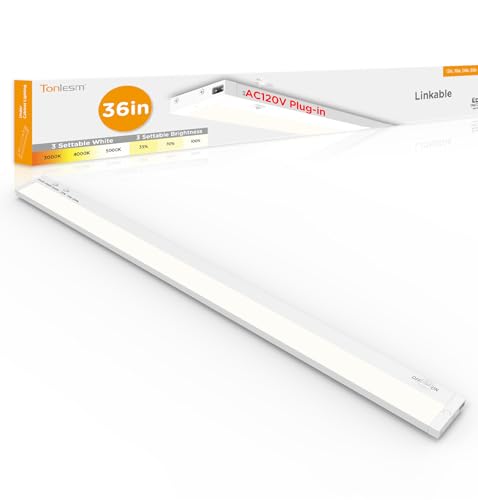 Tonlesm 36 Inch Under Cabinet Lighting Plug in 20W 120V 3 Color 3000K/4000K/5000K 3 Brightness Super Bright Ultra Thin Under Counter Lights for Kitchen Linkable LED Cabinet Light White