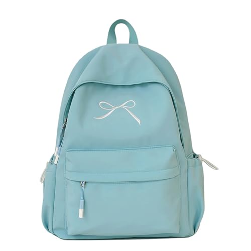 Embroidered Bow Backpack Solid Soft Daypack Simple Backpack with Embroidered Bow Cute Lightweight Large Capacity (Blue)