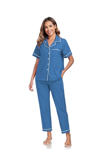 Image of COLORFULLEAF Women's 100% Cotton Pajamas Set Button Down Sleepwear Short Sleeve Shirt and Long Pants Soft Ladies Lounge Sets
