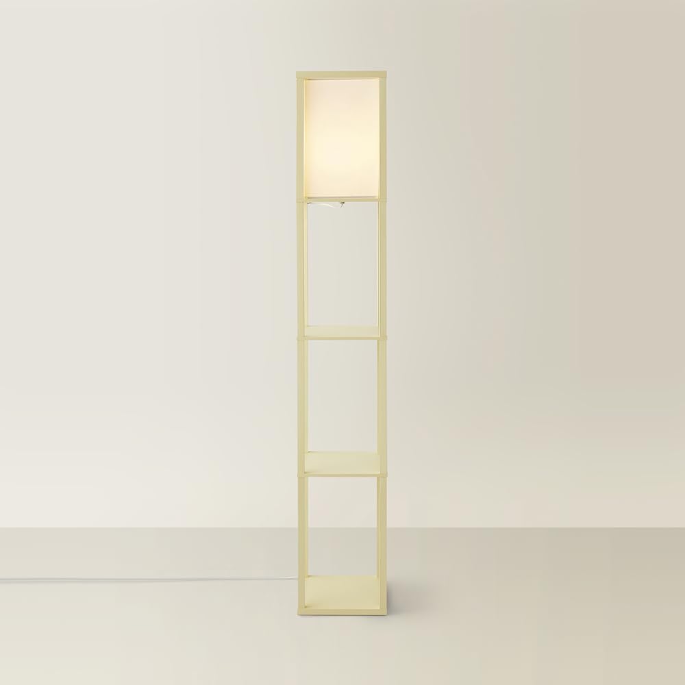Valuelights Yellow Struttura Pastel Wooden Shelving Floor Lamp With Fabric Shade & Bulb In