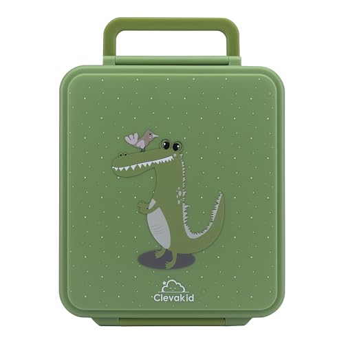 Image of Bento Mega Lunch Box, carrying handle - 4 No-Mix Compartments | Microwave & Dishwasher Safe | for Adult, Preschool, School 1600ML, OZ (Green Leaves ClevaGator Friend)