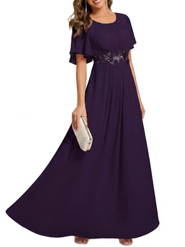 Ever-Pretty Women's Classic Round Neck Pleated Short Sleeves Chiffon Appliques Floor Length A Line...