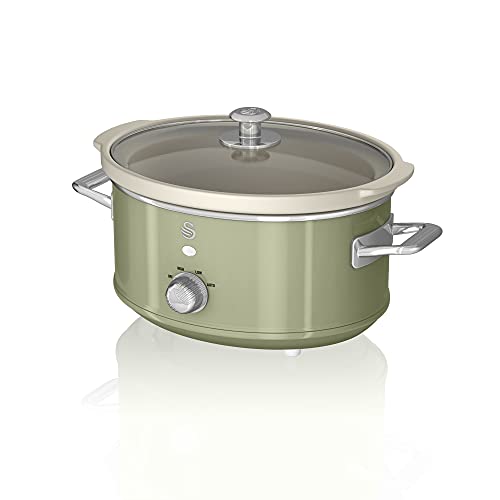 Swan Retro SF17021GN Olla Cocción Lenta 3,5L Recipiente Extraíble, Antiadherente Cerámica libre PFOA y PTFE, 3 Niveles Temperatura, Tapa Vidrio, Slow Cooker, Diseño Vintage, Verde, 200W