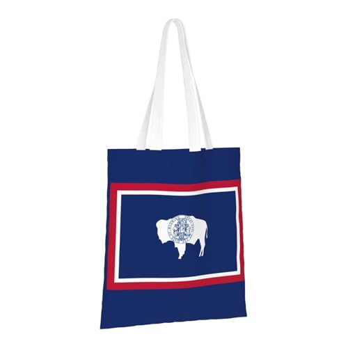 Wyoming State Flag Print Polyester Canvas Tote Bag, Shopping Bag With Reinforced Handles, Reusable2