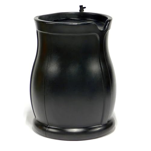 FCMP Outdoor 45-Gallon Catalina Rain Barrel – BPA-Free, Flat-Back Design with 3.5 Foot Garden Hose, Shut-Off Thumb Valve, and Fixed Lid (RB-CAT-BLK) Black