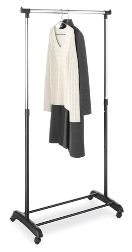 Whitmor Adjustable Garment Rack with Wheels, Rolling Clothes Rack for Hanging Clothes, Heavy Duty Single Rail Clothing Rack, Portable Hanging Rack for Bedroom, Laundry Room, Black & Silver