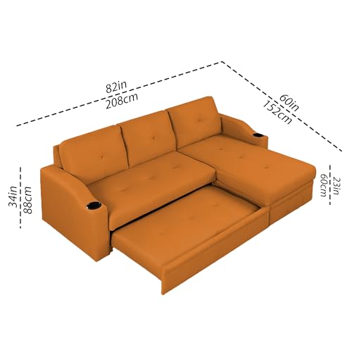 Image of Casaliving Ravonna RHS 4 Seater L Shape Corner Sofa Cum Bed for Living Room (Orange Fabric) Premium Fabric Sofa