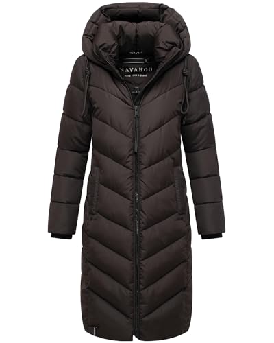 Navahoo Damen Wintermantel Warmer Langer Steppmantel mit Abnehmbarer Kapuze Sahnekatzii XIV Choco Gr. M