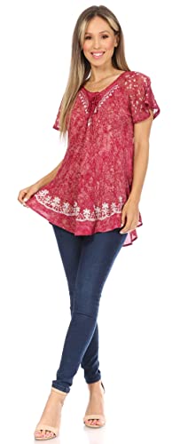 Image of Sakkas Ash Speckled Tiedye Embroidered Cap Sleeve Blouse Top with Embroidery Hems
