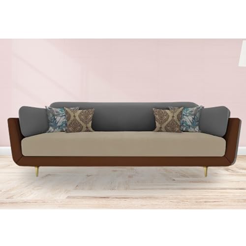 Image of Black Wood Modern Mid Century Velvet 3 Seater Sofa with Three Colour Shade with Extended Warranty for Bedroom, Living Room, Dining Room (Brown Beige Grey, 3 Seater)