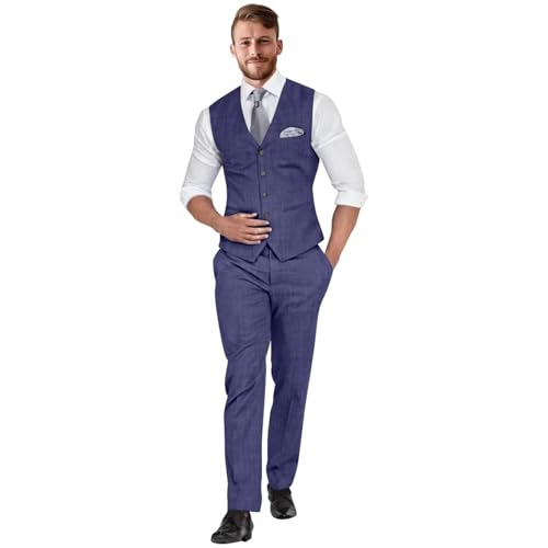 Men's Linen 2 Piece Suit Slim Fit Prom Beach Wedding Groomsman Suits Vest Pants Set Casual Summer Linen Outfit