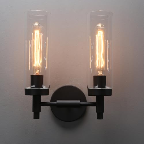 Image of Phansthy Rustic Industrial Wall Sconce Light with Tubular Clear Glass Lampshade (Double Sconce)