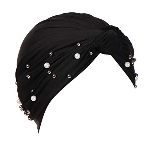 Women Retro Turban Head Cover Pearl Beading Muslim Wrap Cap Beanie Turban Hijab Stretch Cap Chemo Head Scarf Black
