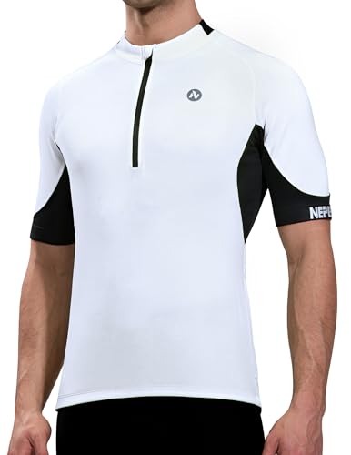 Nepest Mens Cycling Jerseys Short Sleeve Riding Bike Biking Bicycle Shirts Half Zip 4 Pockets Road Tops White/Black XL