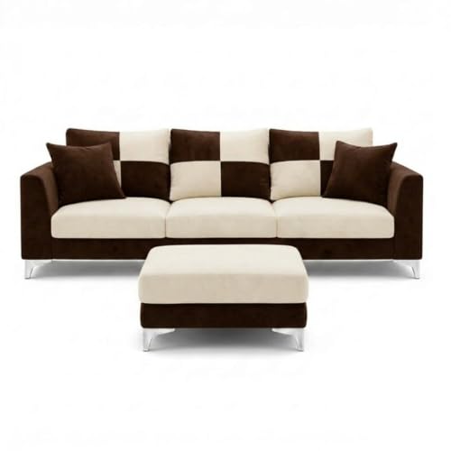 Image of Romeo Rich 4 Seater L Shape Sofa Set with Movable Ottomans | Flexible Layout | Velvet Suede Fabric | Golden Aesthetic Legs | Dual Tone Modern Sofa for Living Room (Dark Brown-Cream)