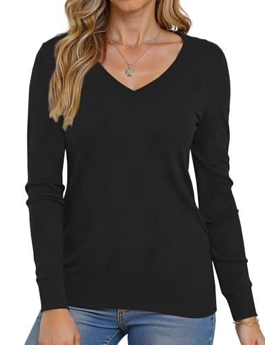 Image of Buauty Womens Fashion V Neck Long Sleeve Knitted Ribbed Pullover Sweaters Casual Lightweight Loose Fit Jumper Tops
