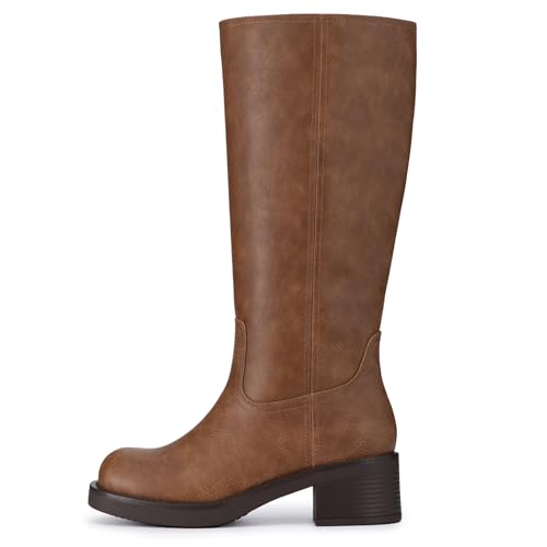 Athlefit Brown Knee High Boots for Women Chunky Heel Wide Calf Tall Boots Square Toe Pull On Platform Casual Fall Booties Size 6.52