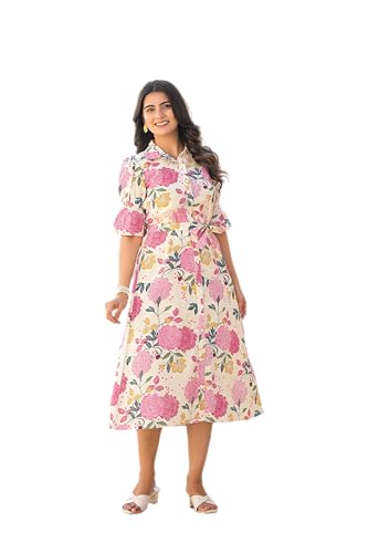 Image of Juniper Pink Floral Printed Cotton Long Dress with Belt