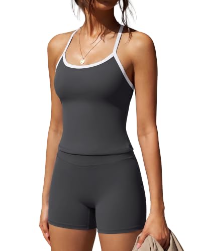 Image of SUUKSESS Women 2 Piece Workout Sets High Waisted Tummy Control Biker Shorts Halter Padded Tank Tops