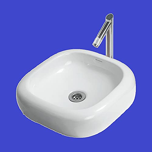Image of Wash Basin Table Top Over Counter Vessel Sink Glossy Finish White Sink for Bathroom (16 x 16 x 4.5 Inch)