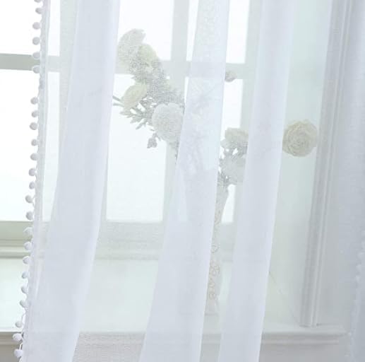 Miniatura 2 de Cortinas blancas con pompones blancos transparentes para niños pequeños, con textura, decorativas, para habitación del bebé, cortinas de ventana (43