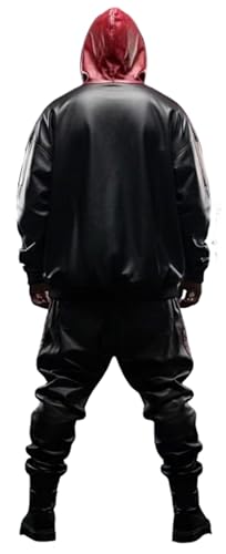 MERCH ATTIRE Survêtement 2 pièces à capuche en cuir de qualité supérieure pour homme avec veste et pantalon de jogging Rouge et noir, Rouge et noir - Ensemble en cuir véritable, S – vue 3