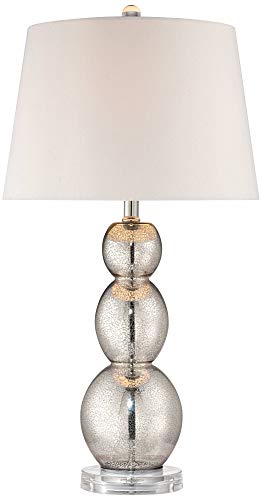 360 Lighting Modern Table Lamp 26 1/2" High Antique Mercury Glass Triple Gourd Off White Linen Tapered Drum Shade Decor For Bedroom Living Room House Bedside Nightstand Office Kids Family #TOP1