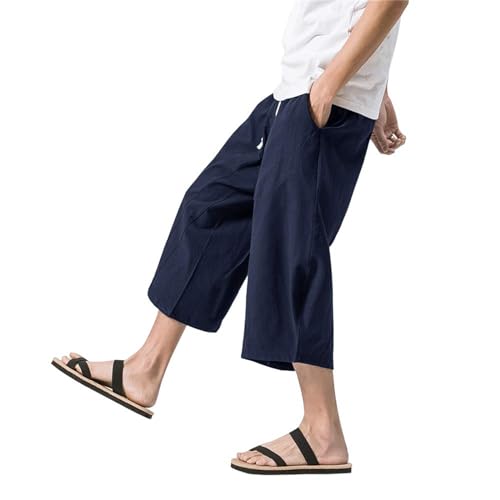 Men's Long Linen Shorts Loose Harem Pants Below Knee Pocketed 3/4 Summer Elastic Waist Drawstring Capri Pant for Men2