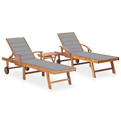 HaoChrymec Tumbonas de Exterior 2 uds, Juego de Hamacas con Mesa Auxiliar y Cojines, Madera de Teca Maciza, Respaldo Ajustable 3 Posiciones, tumbonas Jardin Exterior,Gris, 195 x 59.5 cm