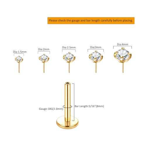 Image of Oveta Threadless Nose Stud Stainless Steel 20G 18G 16G Threadless Flat Back Tragus Earrings Labret Medusa Monroe Ashely Lip Piercing Jewerly Gold