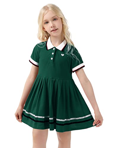 Huanye Girl's Vintage Peter Pan Doll Collar Uniform Button Down Shirt Casual Dress, Green, 9-10 Years #TOP13
