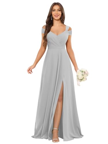 Image of petyoo Off Shoulder Chiffon Bridesmaid Dresses with Slit Long Formal Evening Dress