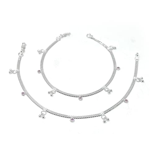 Image of Duel On Jewel 925 Sterling Silver Anklet for Women, Payal Pair, Dainty Chain Anklets Set, 10 Inch Lightweight Foot Jewelry, Minimalist Elegant Design, Wedding, Festive, Everyday Gift for Women