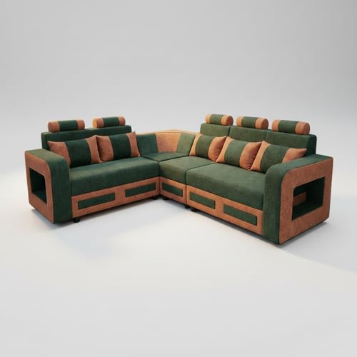 Image of APRODZ Solid Wood 6 Seater Sofa Set Velvet Fabric Sectional L Shaped Sofa for Home Office Guests Living Room Cushioned Seating for Home & Lounge Use (Green & Brown)