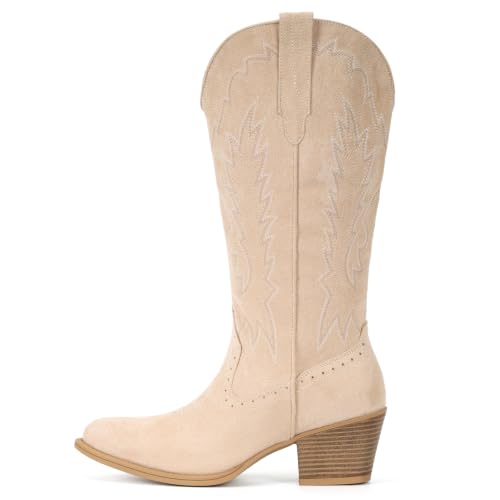 Image of IUV Suede Cowboy Boots For Women Chunky Heel Pointed Toe Cowgirl Boots