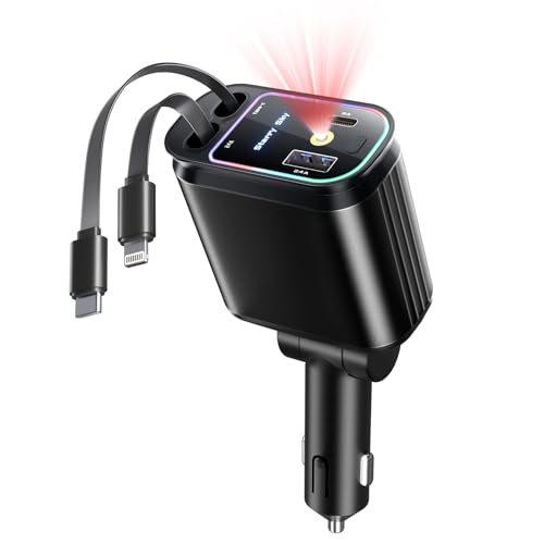 Starlight Retractable Car Charger with Retractable Cables, Starlight in Car Roof 4 in 1 Super Fast USB C Car Phone Charger, 2 USB Ports Starry Sky Adapter, Compatible with iPhone 17 16 15 14