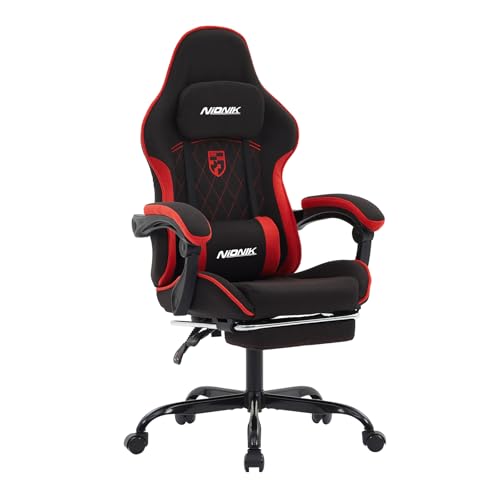 NIONIK Gaming Stuhl, Racing Gaming Chair mit Fußstütze Ergonomischer Gaming-Stuhl Kopfstütze Verstellbarer Computerstuhl Höhenverstellbar Lendenwirbelstütze für Homeoffice und Gaming BlackRed