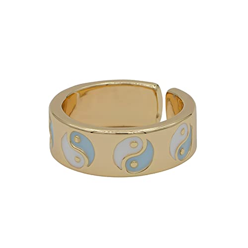 Generic Dainty Gold Yin Yang Ring Open Adjustable Rings for 90s 1990 Inspired jewelry trend for Girl Colorful Enamel YinYang Ring Stacking Jewelry Blue White