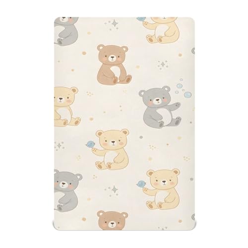 Image of Cute Bear Pattern Crib Sheets Stretchy Portable Sheets for Baby Toddler Breathable Soft Crib Mattress Sheet for Girls Boys
