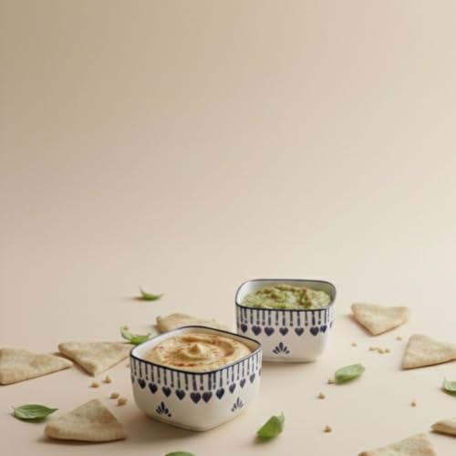 Image of Ceramic Dip Bowl Set of 2, White with Blue Heart Pattern, Square Shape, 40 ML Capacity, Decorative Serving Dishes for Sauces, Condiments and Appetizers