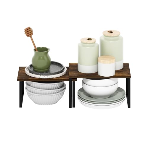 Image of Furinno RAVEL Kitchen Countertop Organizer Set of 2, Nesting Counter Shelves, Kitchen Storage, Expandable, Stackable, Spice Rack, for Kitchen, Pantry, Coffee Bar, Amber Pine