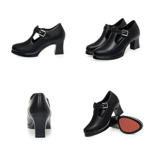 Women's Slip-On Black Genuine Leather Square-Toe Chunky Heel Mary Janes Shoes with Buckle Accent Comfortable Versatile for Daily Office Work Walking Casual Outings3