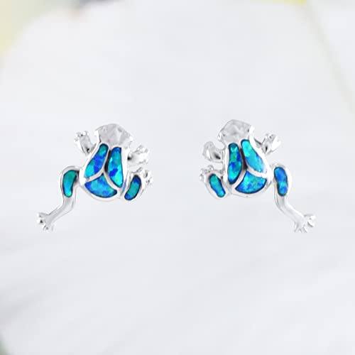 Unique Hawaiian Blue Opal Frog Earring, Sterling Silver Blue Opal Frog Stud Earring, E4143A3