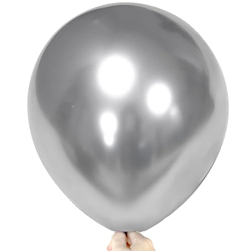 Image of Firomi Metallic Chrome Big Silver Balloons 18-inch 12 Pack (with 1 Ribbon) | Large Helium Shiny Round Silver Thicken Latex Balloon for Wedding Birthday Party Balloons